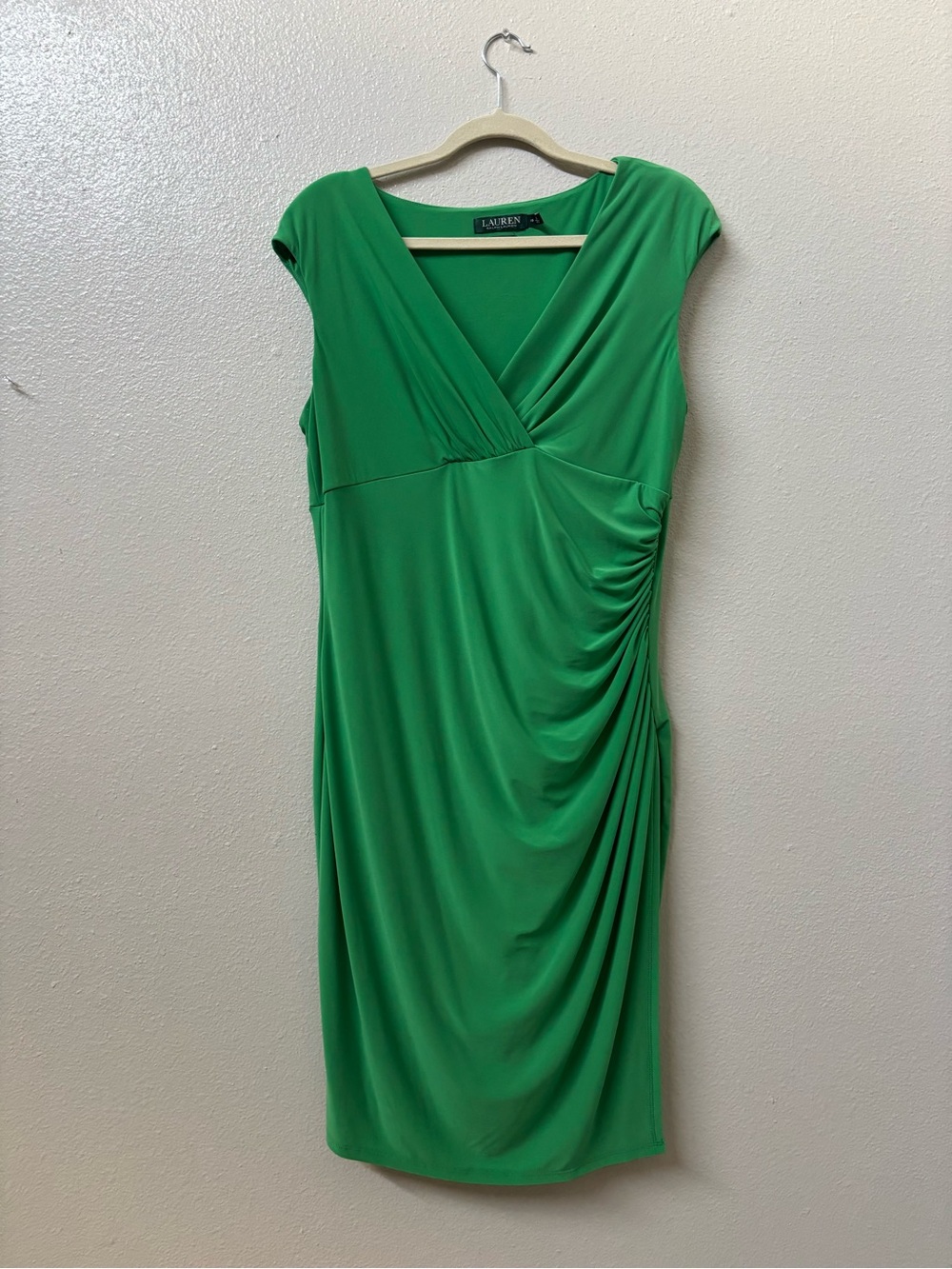 Ralph Lauren Emerald Green Surplice Ruched Midi Dress